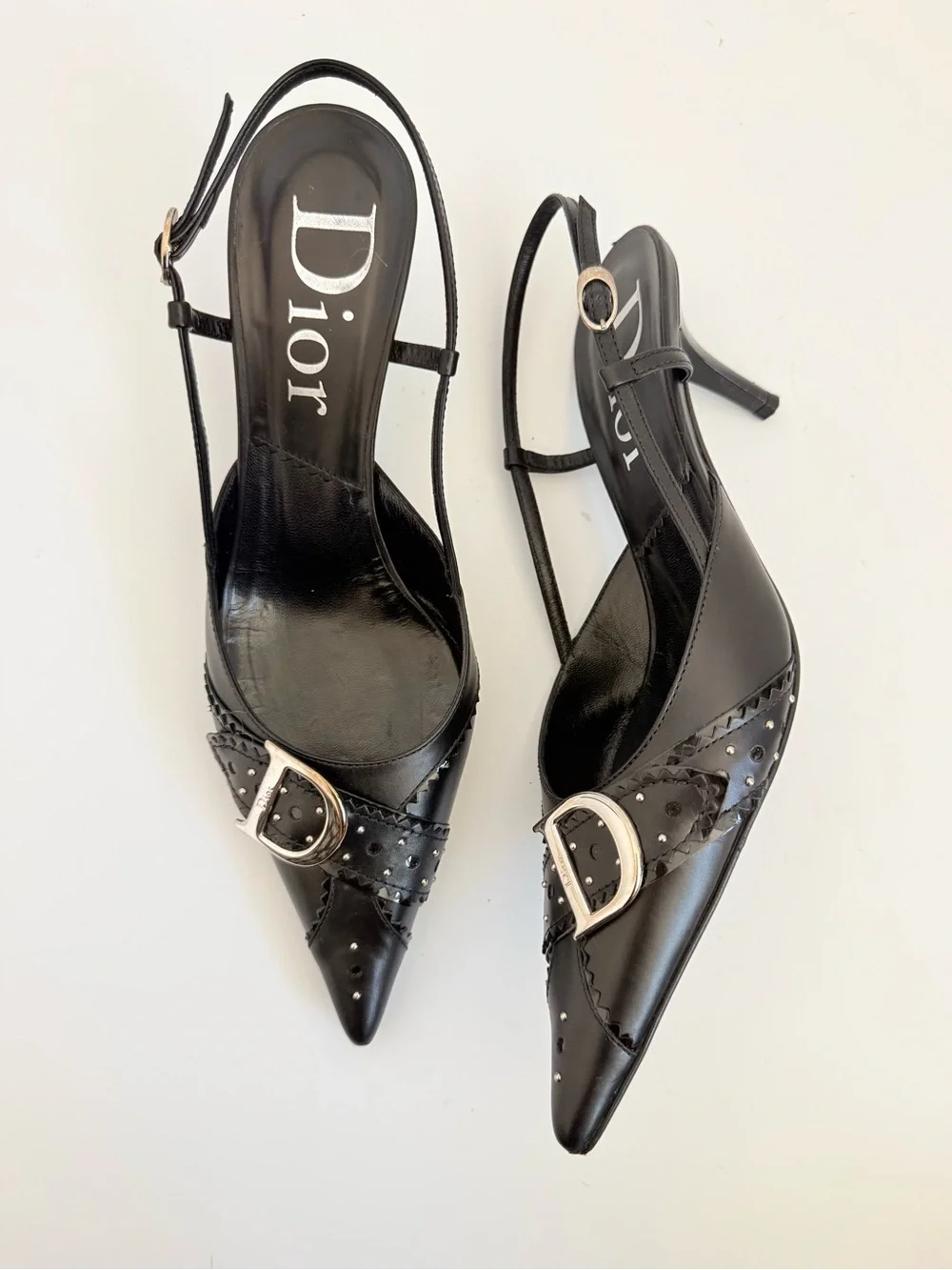Christian Dior D Trick Slingback Pumps 38.5 Black CD Buckle Galliano 2004